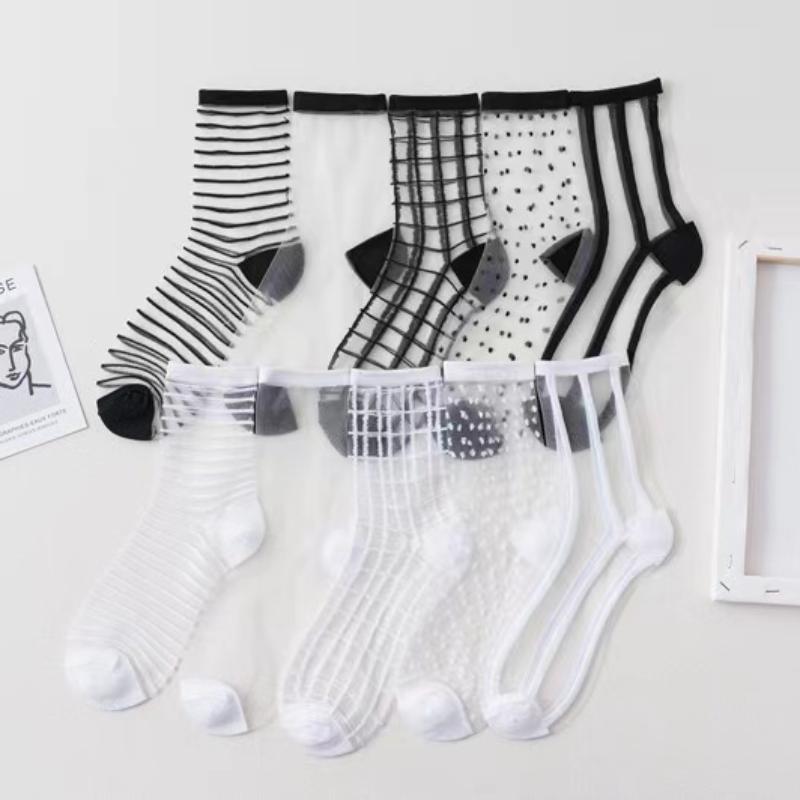 5 Paar Damen Socken Mode Durchsichtiges Netz Glasseide Socken Ultradünn Transparent Kristallspitze Fabelhaft Elastisch Sommer Knöchel