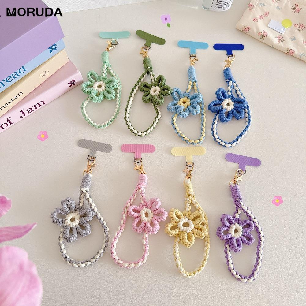 Ins Knit Colorful Flower Short Lanyard for Mobile Cell Phone Hand Wrist Strap Double Color Contrast Universal Rope Accessories
