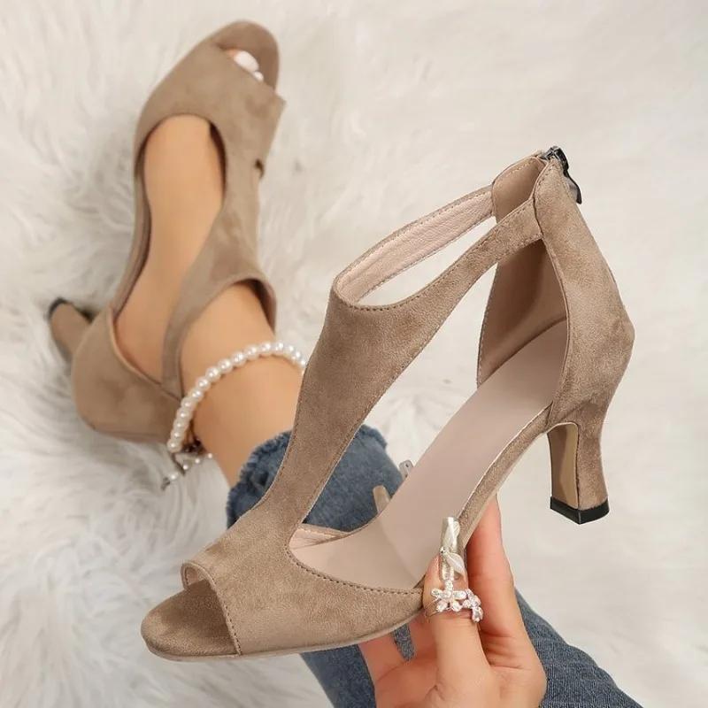 

Сандалии женские, лето 2024, с круглым носком, сандалии-рыбьи носки, туфли на шпильке, туфли на среднем каблуке, римские туфли на высоком каблуке, большие размеры, вечерние, элегантные 43 хаки