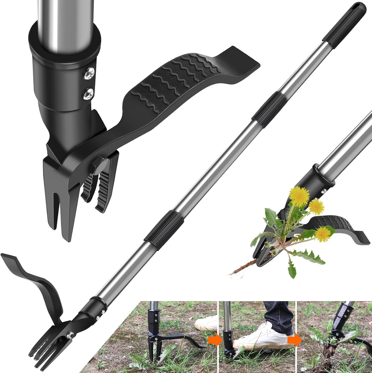 Stand Up Weed Puller Tool Long Handle | No Bending or Kneeling | 4-Claw Steel Head, Heavy Duty Dandelion Root Extractor & Weed Remover for Lawn 1