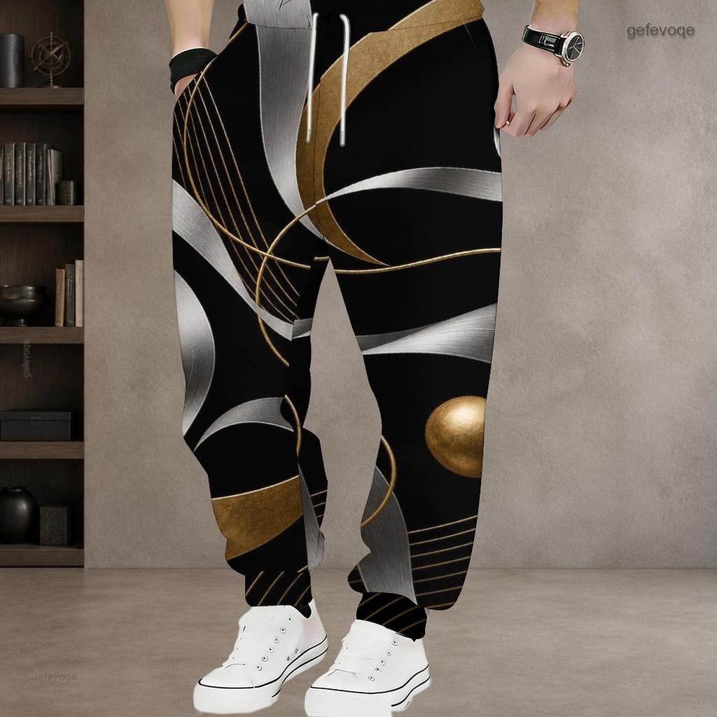 Men S Plus Size Geometric Printed Jogger Pants Black Gold Silver Drawstring Waist Side Pockets Cuffed Ankle