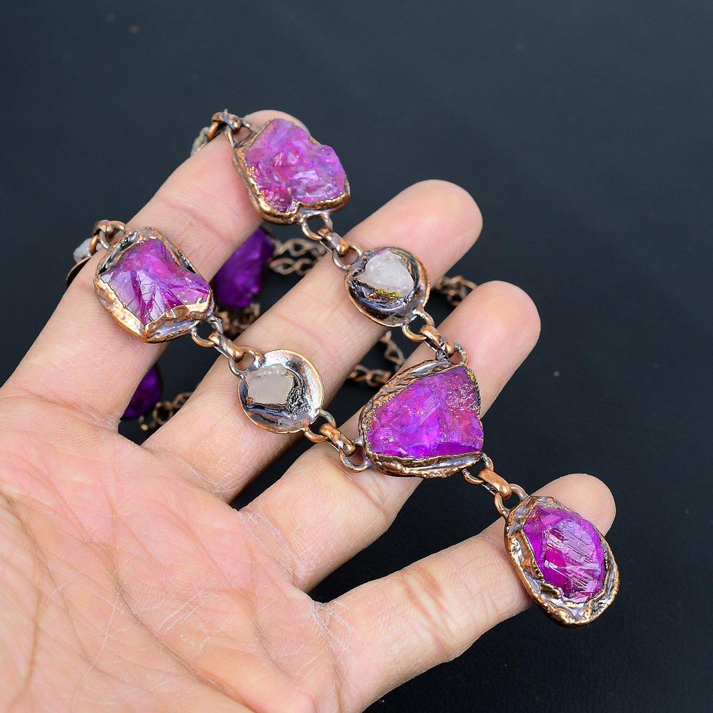 Ruby & Rose Quartz Handmade Gemstone Necklace, Copper Electroformed Necklace Antique Jewelry, Adjustable Necklace Engagement Gift