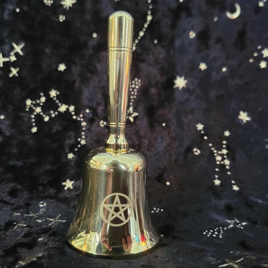 Triple Moon Pentacle Hand Bell Meditation Ceremony Tarot Readings Altar Brass Bell
