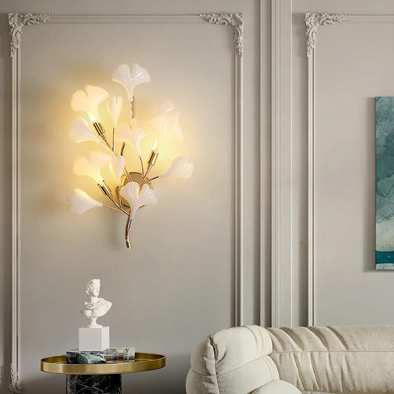 Romantic Flowers Foyer LED Wall Lamp Ceramics Leaf Bedroom Hotel Sconces Art Decorate G9 Bulb Gold Metal Lighting Dropshipping