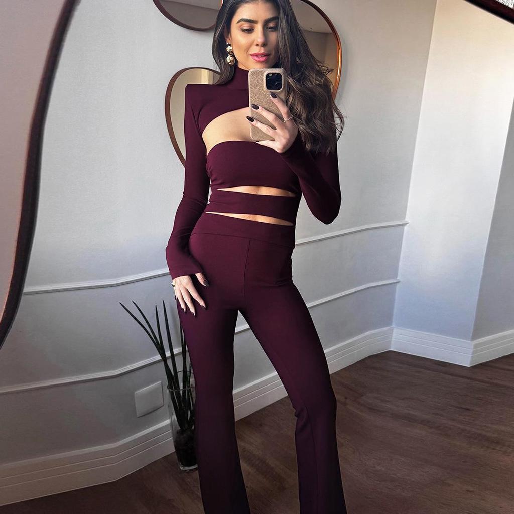 2025 Autumn European & American High-Neck Solid Color Slim-Fit Hollowed-Out Jumpsuit Set
