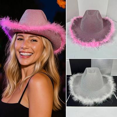 New Western Style Cowboy Bucket Hat Brim Pink Silver Panama Hat Fisherman Cap Wedding Bachelorette Dress Accessories