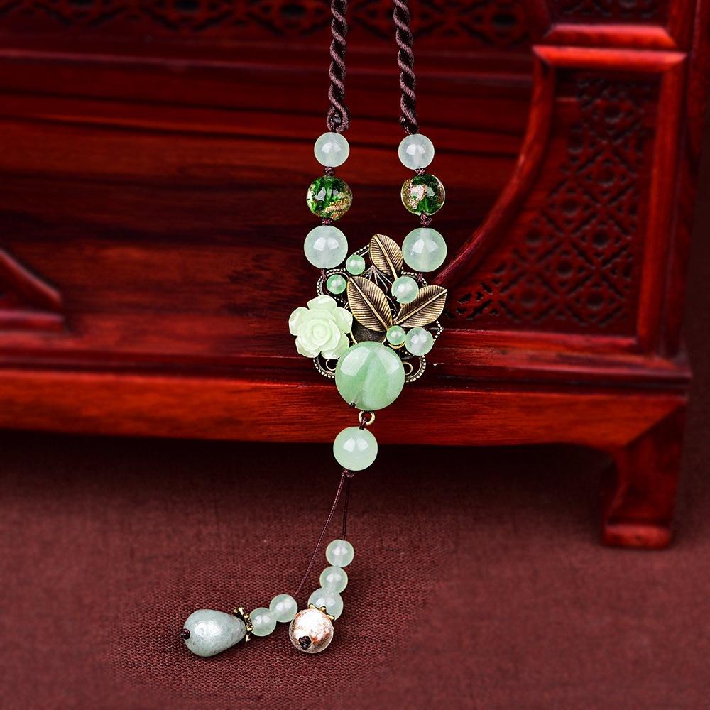 GEMCHIC Women s Vintage Ethnic Style Long Sweater Necklace with Green Aventurine Beads and Floral Alloy Pendant
