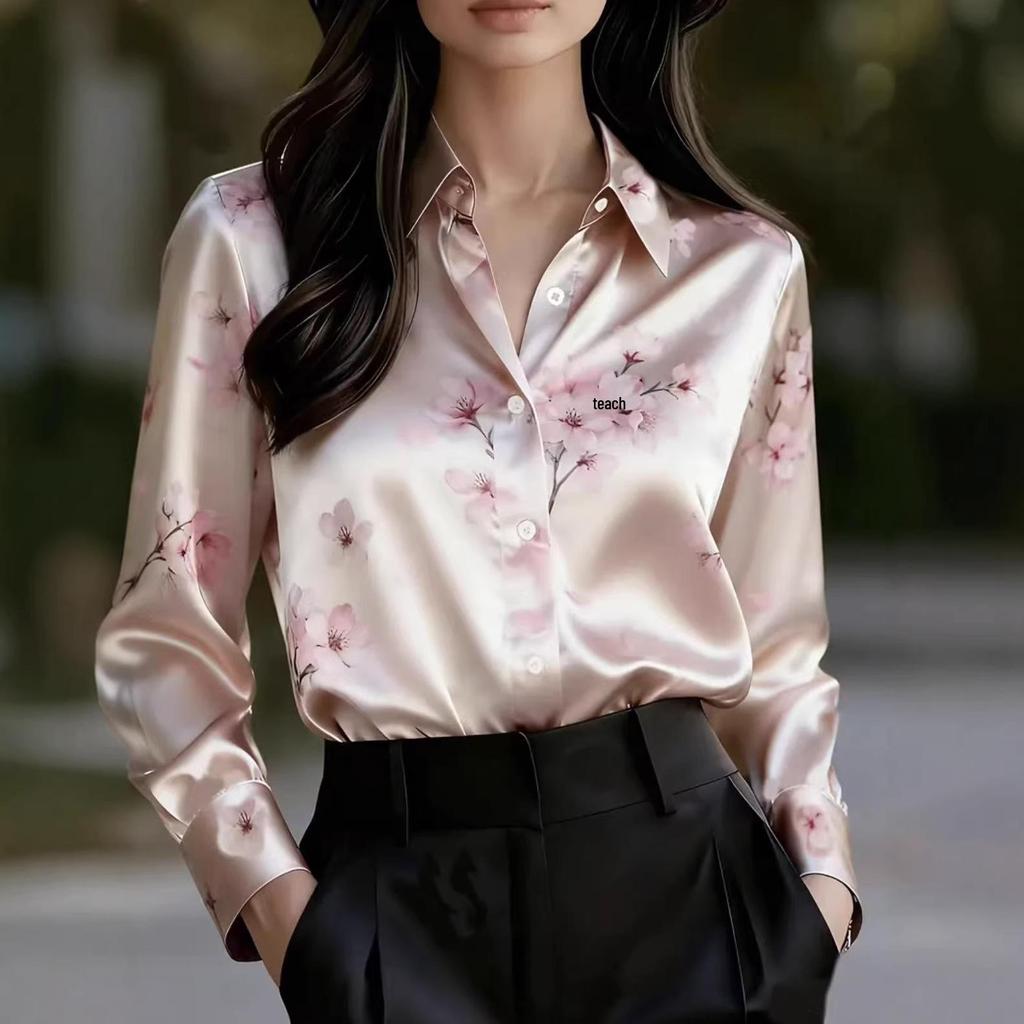 Elegant Retro French Oil Painting Long Sleeve Women's Shirt, 2025 European and American Design