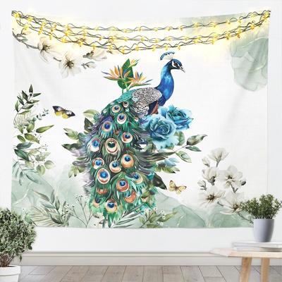 3D Peacock Tapestries Peacock Bird Floral Tapestry White Flowers Wall Hanging Art Bedroom Aesthetic Funny Tapestries For Men