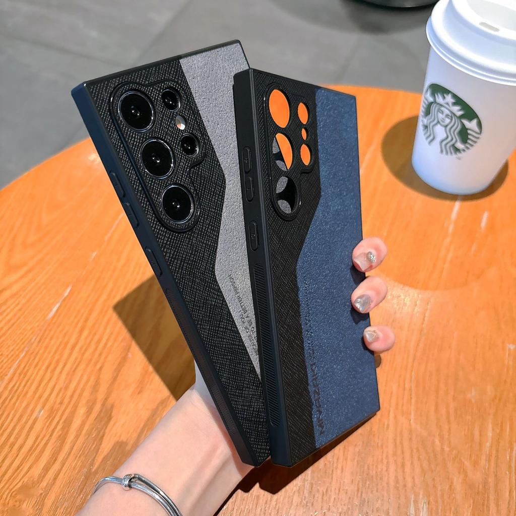 Suitable for Samsung S25ultra Leather Matte Mobile Phone S23plus Color Blocking Lambskin Simple S24 Contrasting Color Case