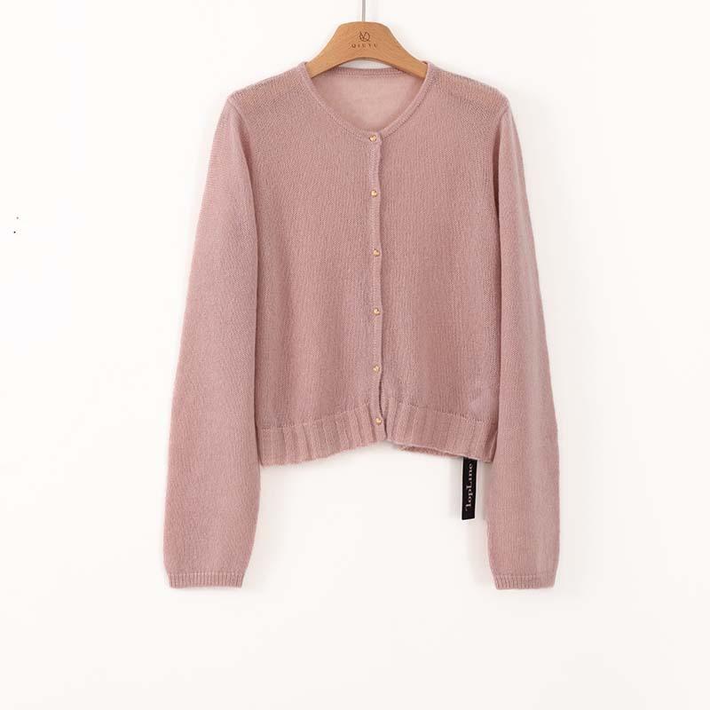 Premium soft waxy crew neck knitted cardigan women's early autumn new lazy mohair jacket atmosphere bottoming shirt