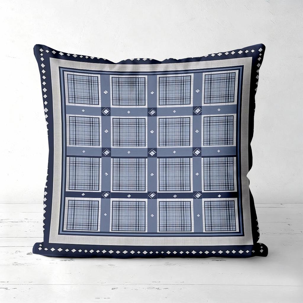 Set Of 4 Navy Grey Plaid Farmhouse Throw Pillow Covers Pattern Cushion Cover Suitable For Sofa Bedroom Car Pillow Cover