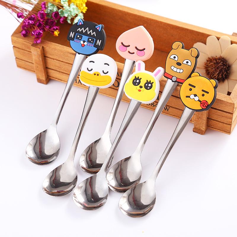 2PCS Cartoon Edelstahl Kaffee Eis Löffel Niedlichen Tier Silikon Griff Kinder Geschenk Teelöffel