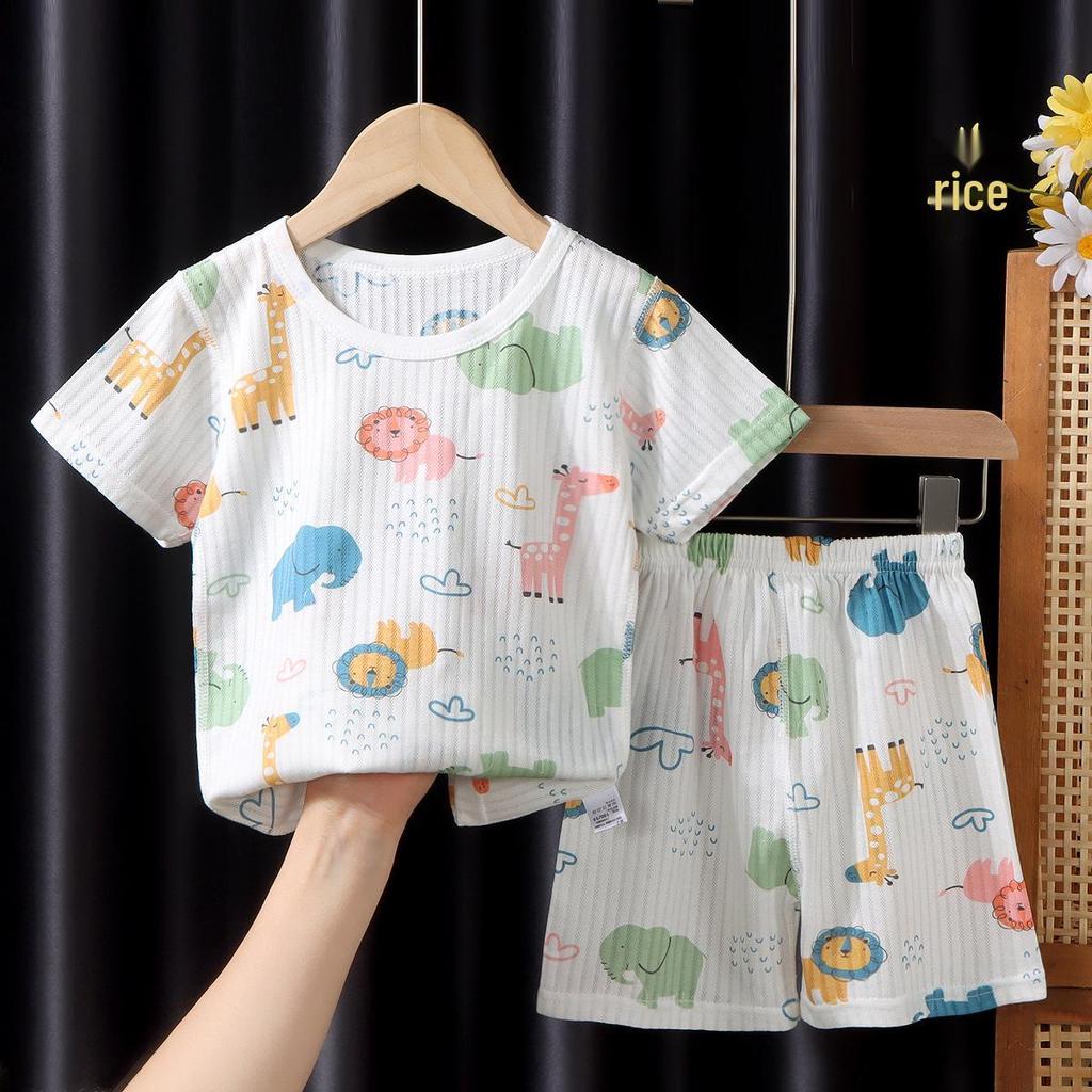 Kids' Summer Jacquard Pajama Set: Short-Sleeved Shirt and Shorts for Boys and Girls