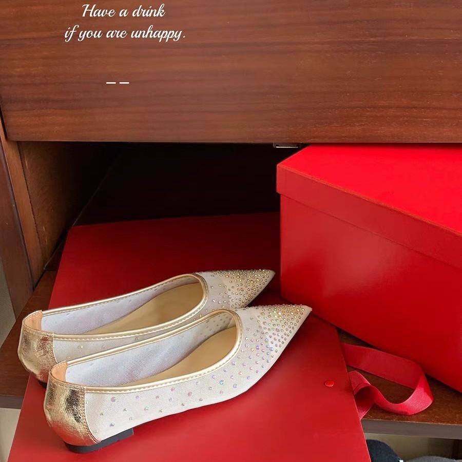 Sheepskin version~ Leather elegant small pointed breathable mesh sandals women's summer rhinestone versatile shallow mouth Mary Jane single shoes