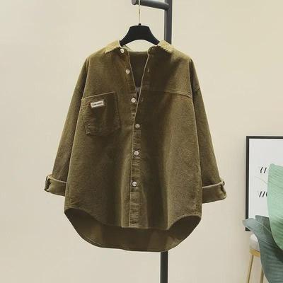 2024 Lockeres blaues Cord-Cardigan-Shirt für Damen – koreanischer Stil, mittellang, Frühlingsmode