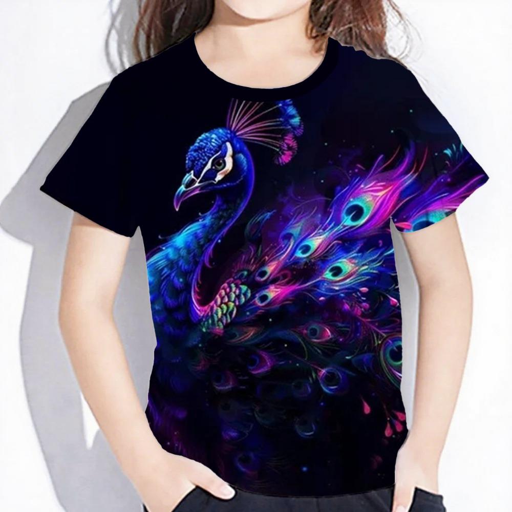 Girls' clothing 3D printed beautiful peacock T-shirt summer children's clothing short sleeved T-shirt casual color top