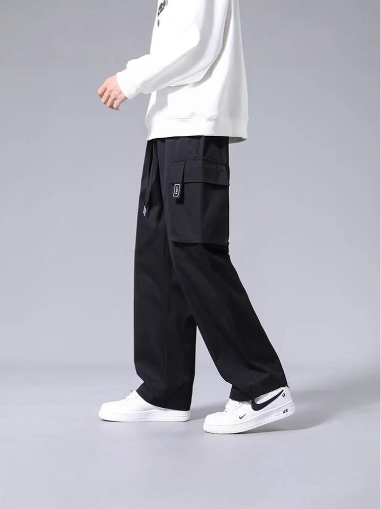 Pánské cargo kalhoty s rovnými nohavicemi, jaro/podzim, jednobarevné, nadměrná velikost, sportovní větrovka pro teenagery, ležérní dlouhé kalhoty.