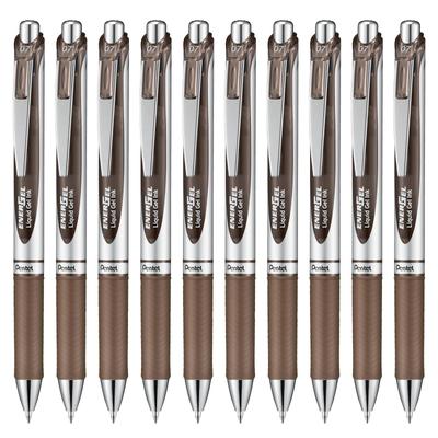 Pentel Gel Ink Energel Knock Ballpoint Silver 10 Pens Pen, 0.7mm, Barrel, BL77-SP, Sepia,