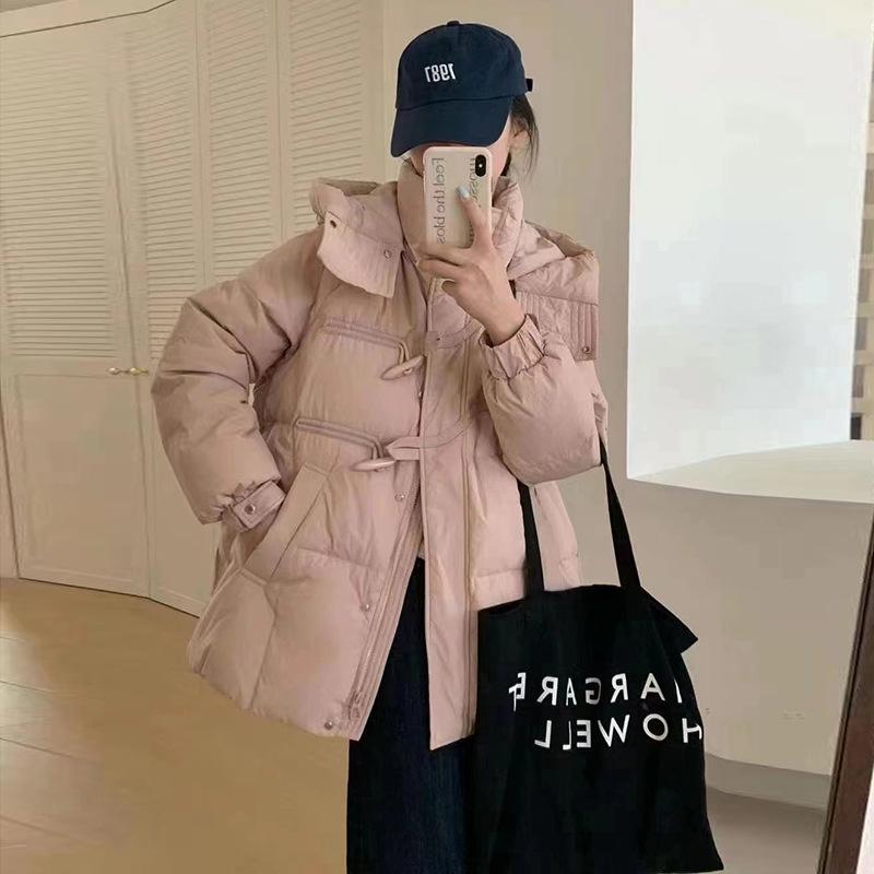 Fashion down jacket women's medium and long 2024 winter new horn buckle hooded thin white duck down jacket tide