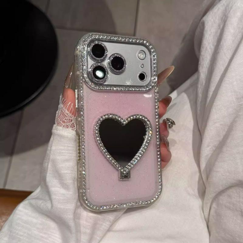 Heart-Shaped Mirror Bracket for iPhone 14-17 Pro Cases with Side Drill and Glitter