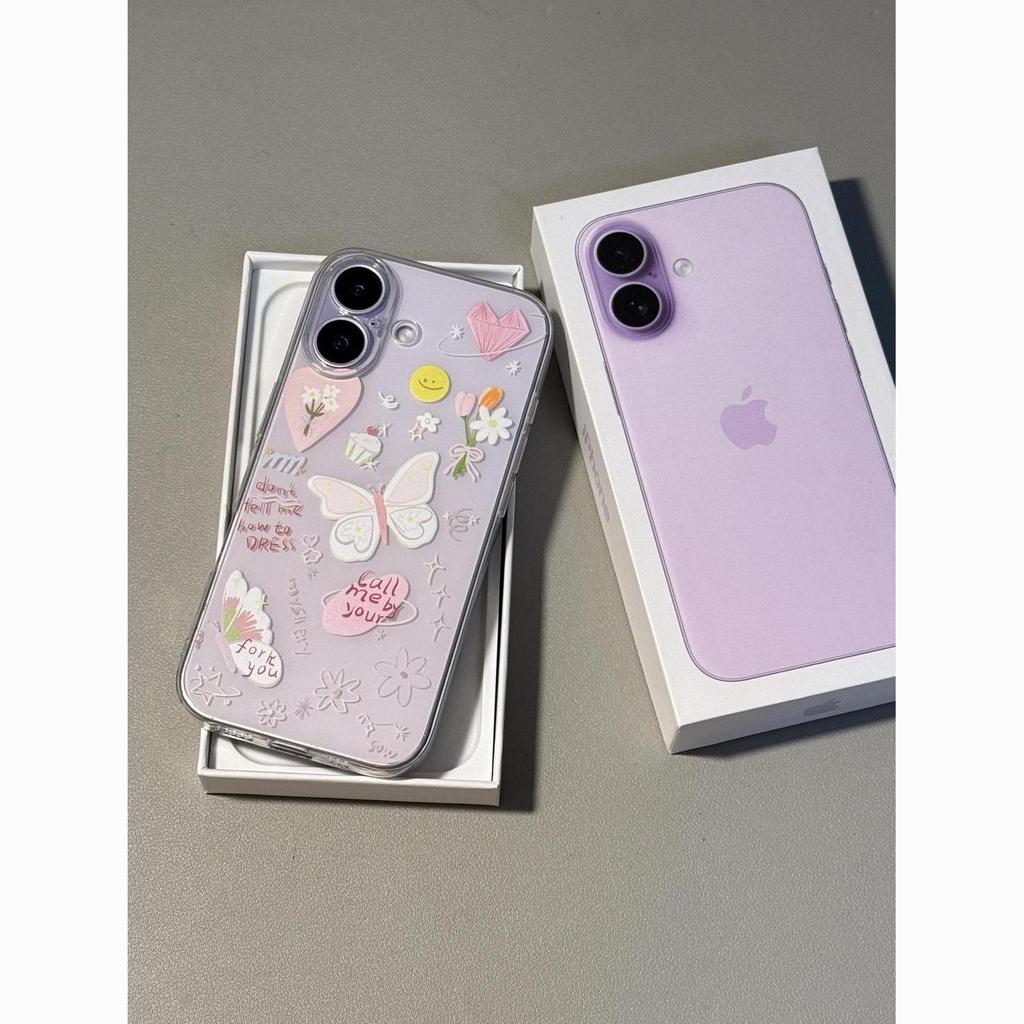 Korean Style Transparent Drop-proof Phone Case with Flower Butterfly Design for Apple XR, 11, 12, 13, 14, 15, 16, 17 Pro Max.