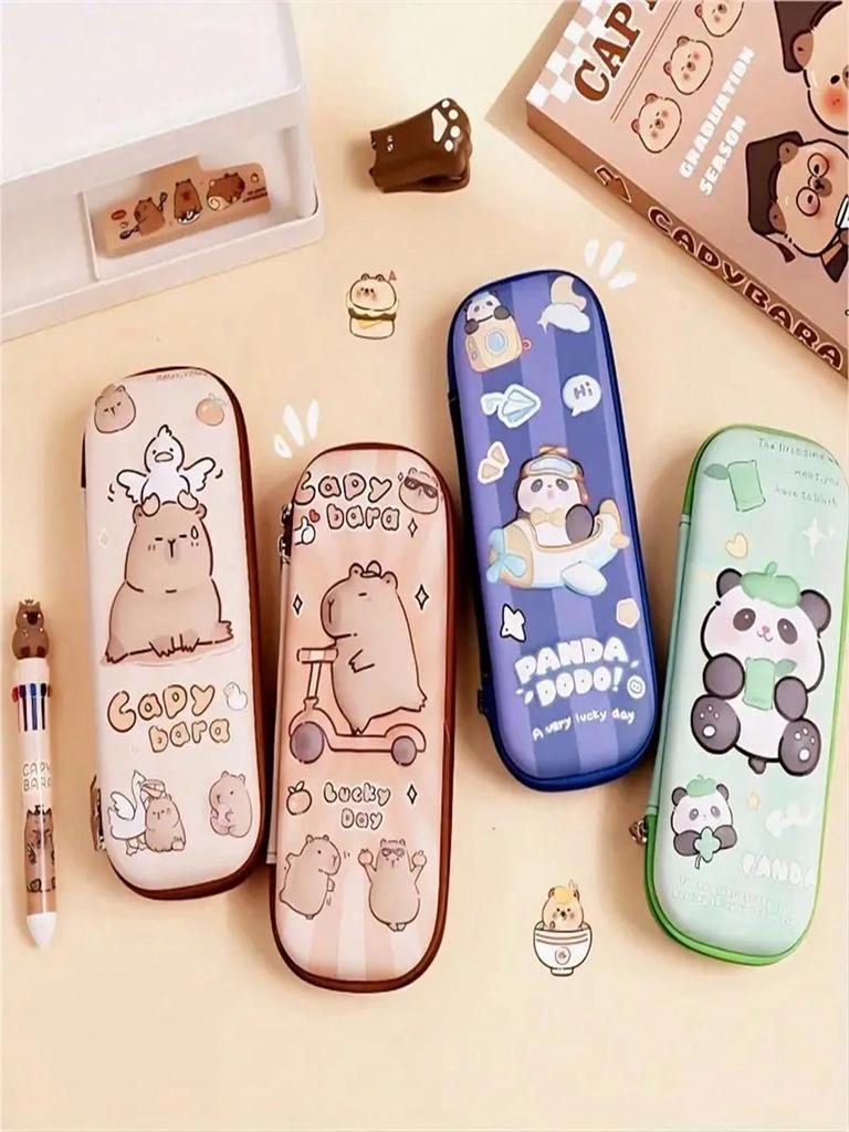 1 Cartoon Cute Capybara and Panda Pencil Box - Large Capacity 3-Layer Multifunctional Stationery Box with Waterproof, Pressure Resistance an