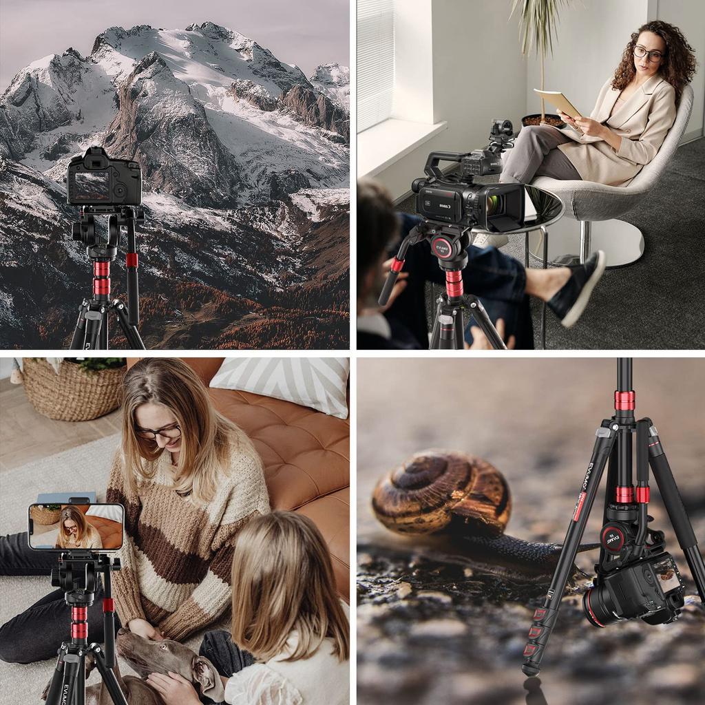 EVUMO GF4 Camera Tripod with Fluid Video 200cm Aluminum Alloy Video Tripod Monopod with Smartphone Holder Suitable for Maximum 12kg Head, SLR,