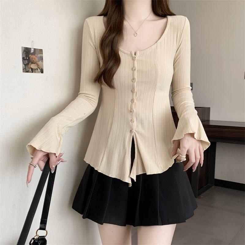 

Maillard Collar Straight Shoulder Fishbone Long Sleeve Women s Top - Early Autumn Plus Size with Tea-like Trumpet Sleeves 3XL абрикосовый