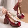 Fashion Pearl Strap High Heels Pumps Women Patent Leather Crystal Bowknot Party Shoes Woman Square Toe Thick Heel Mary Janes