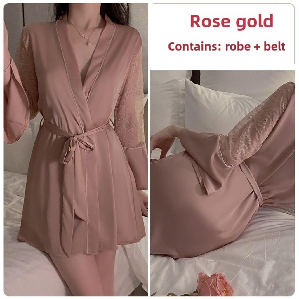 Süße Spitze Tiefes V Plus Brustpolster Sexy Neckholder Seidiger Satin Nachthemd Robe Hausset