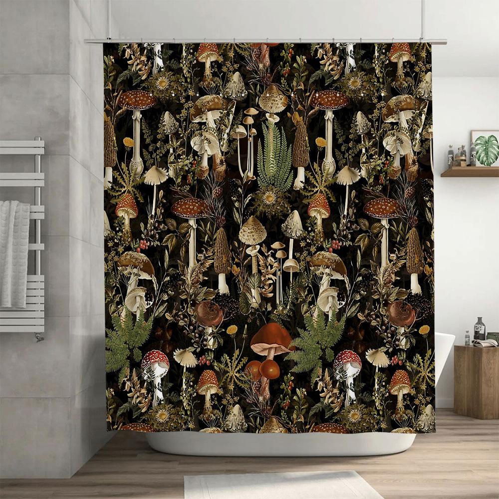 Mushroom Forest Shower Curtain Botanical Nature Decor Woodland Cottagecore Home Decor Bathroom Set Vintage Floral Artistic Wall