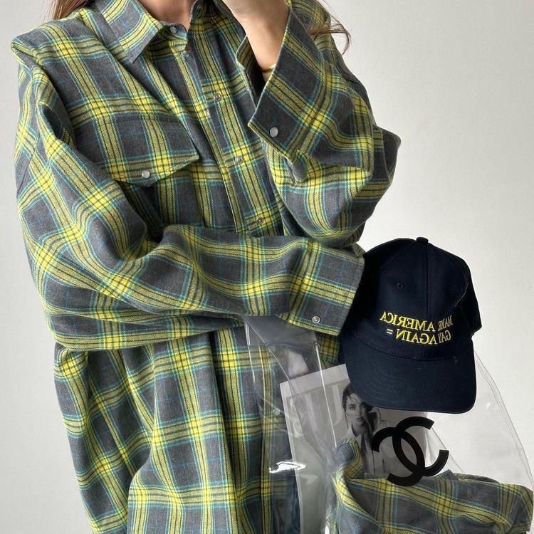 Retro Plaid Loose Lapel Long Sleeve Shirt for Women - Spring & Autumn