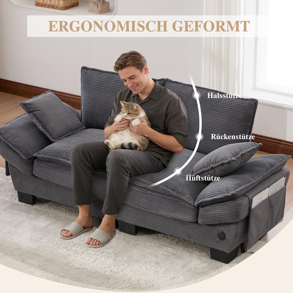 Modular Corduroy Sofa for 2 People with Wide Seat, Ergonomic Design, High-Density Foam Padding, USB-C Port. Ideal for Living Room. Dark Gray