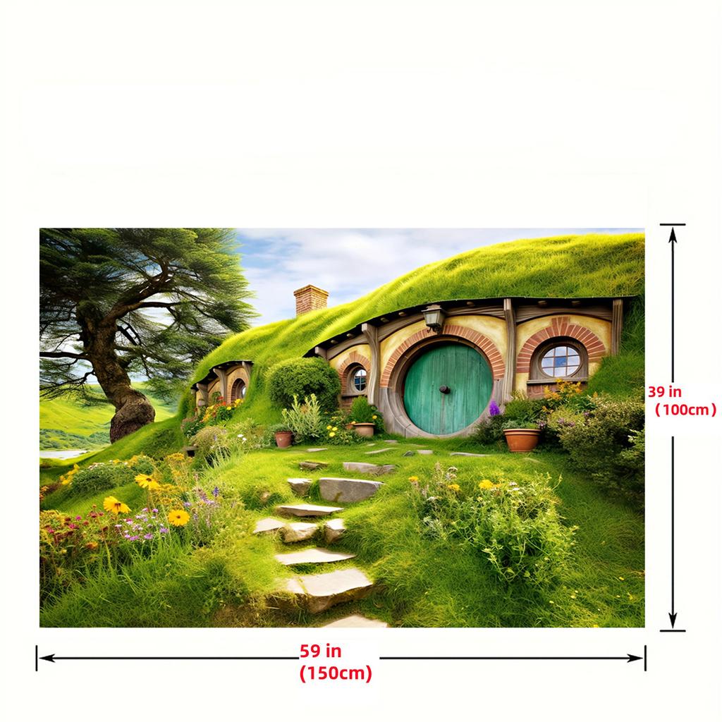 2D Flat Banner 1 Piece - Polyester Green Hillside Cabin Background Fabric
