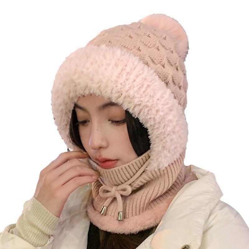 One-piece knitted hat women's autumn and winter velvet thickened mask ear protection wool hat outdoor cold big head suitable for thermal hat