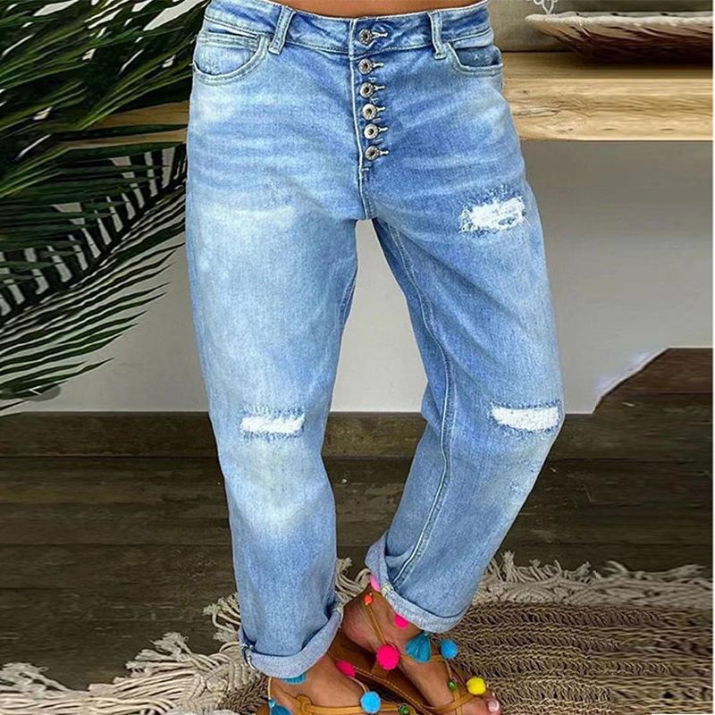 

New Women s Casual Distressed Straight Leg Jeans, Multi-Button Detail Washed Denim Pants for Street Style Fashion S синий
