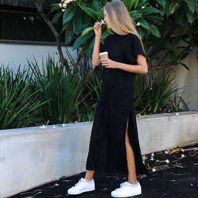 Spring Summer Midi Dress Women Casual Black Long Dresses Short Sleeve Sexy Plus Size Side Open Party Maxi T Shirt Dress