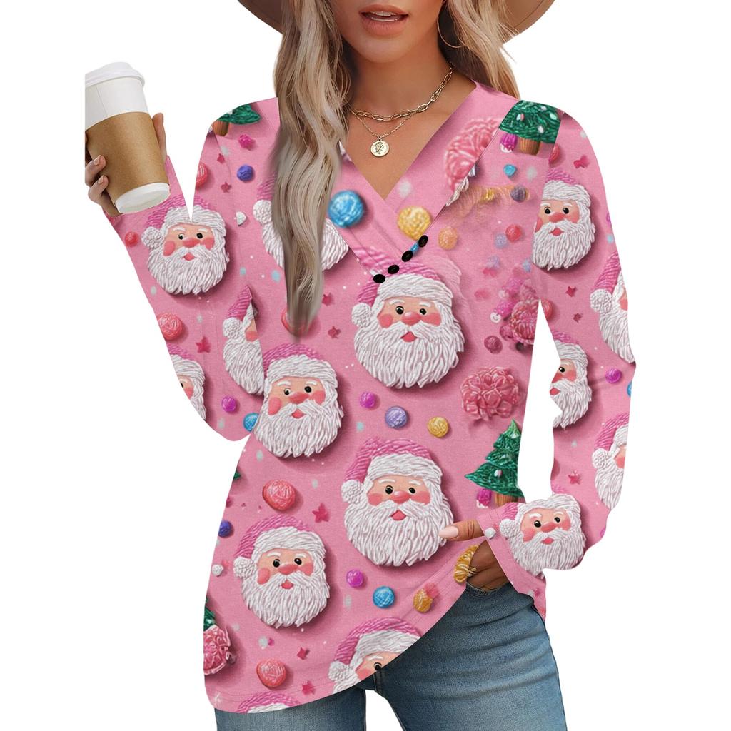 Women's Fashion Casual V-neck Pleated Christmas Long Sleeve Top