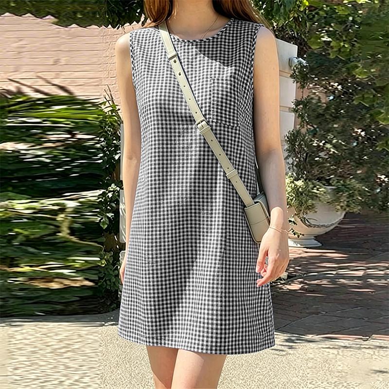 ZANZEA Women Grid Print Summer Casual Round Neck Sleeveless Dress S чёрный
