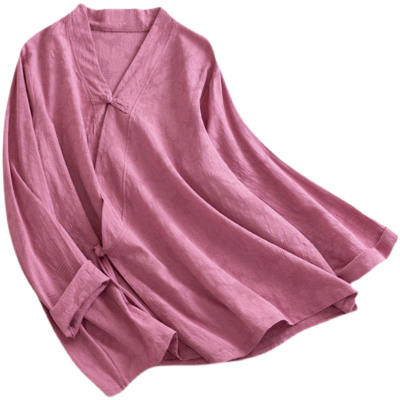 Bluză de damă în stil chinezesc, brodată, din bumbac și in - Plachetă asimetrică cu nasturi tip broască, top Hanfu cu mâneci lungi pentru toamnă