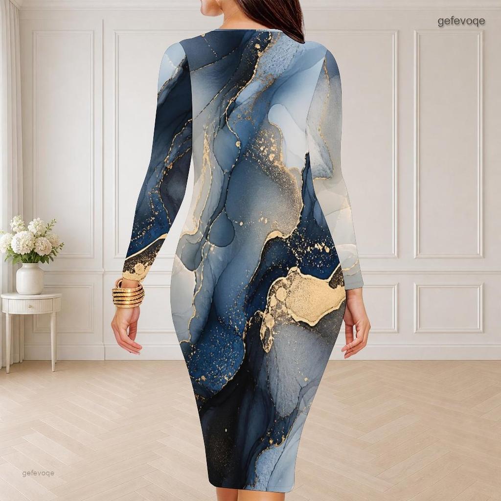 Women Plus Size Round Neck Long Sleeve Blue Gold Printed Bodycon Midi Dress