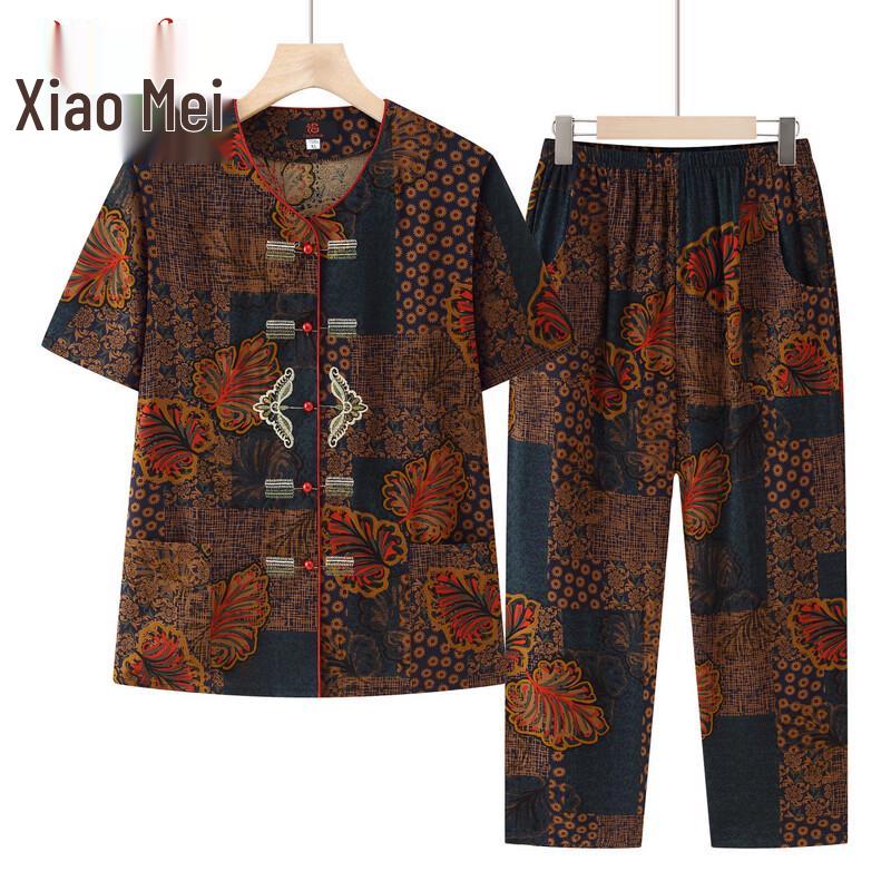 Xiaofu Elderly Women s Summer Short-Sleeve Cardigan Set 2XL