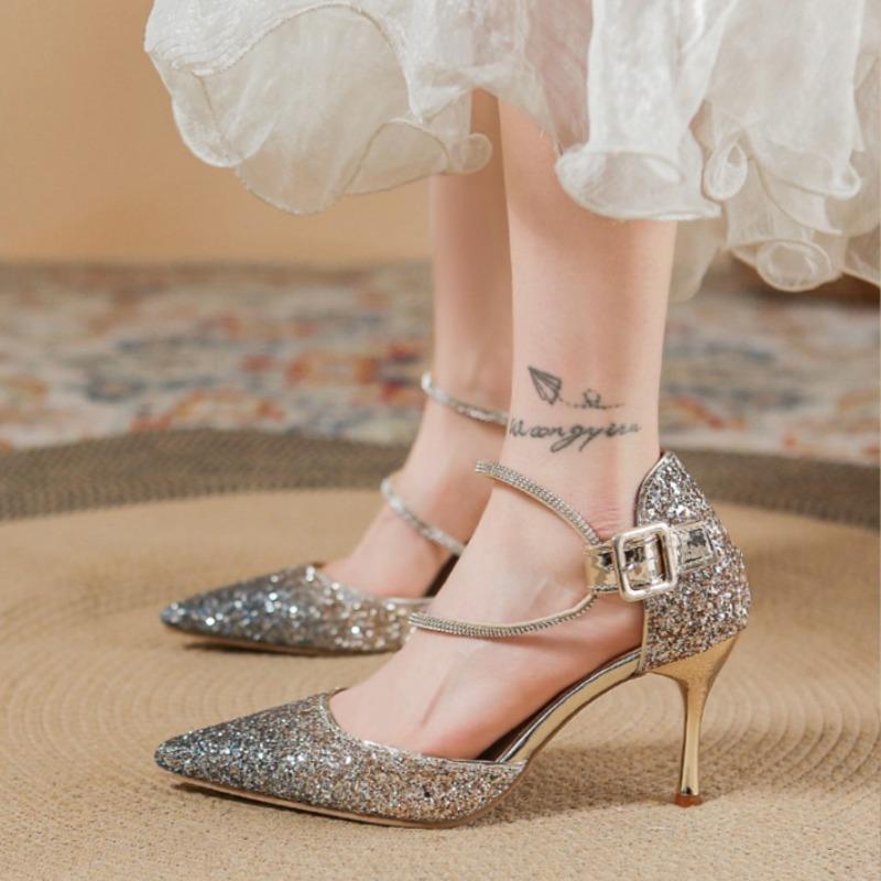 Ombre High Heels Women's Summer New Pointed Toe Shallow Mouth Sequin Crystal Wedding Shoes Versatile Stiletto Shoes