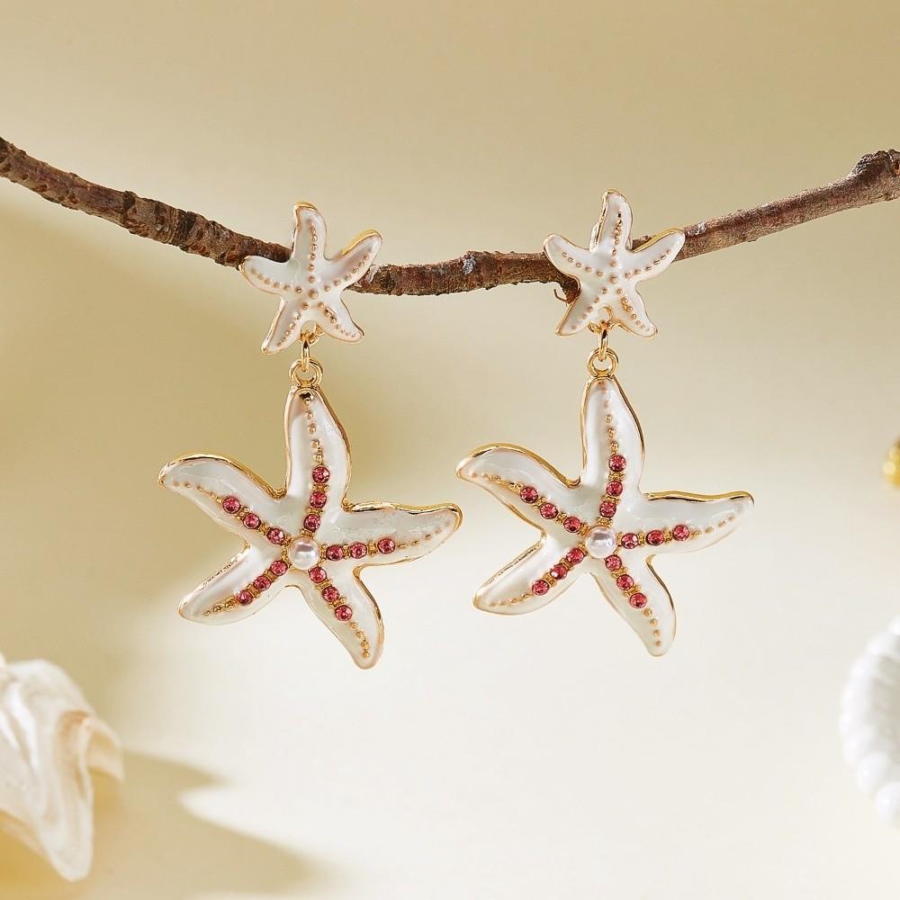 Exaggerated Starfish Stud Earrings Bohemian Shell Drop Earrings Rhinestone Dangle Earrings  Women