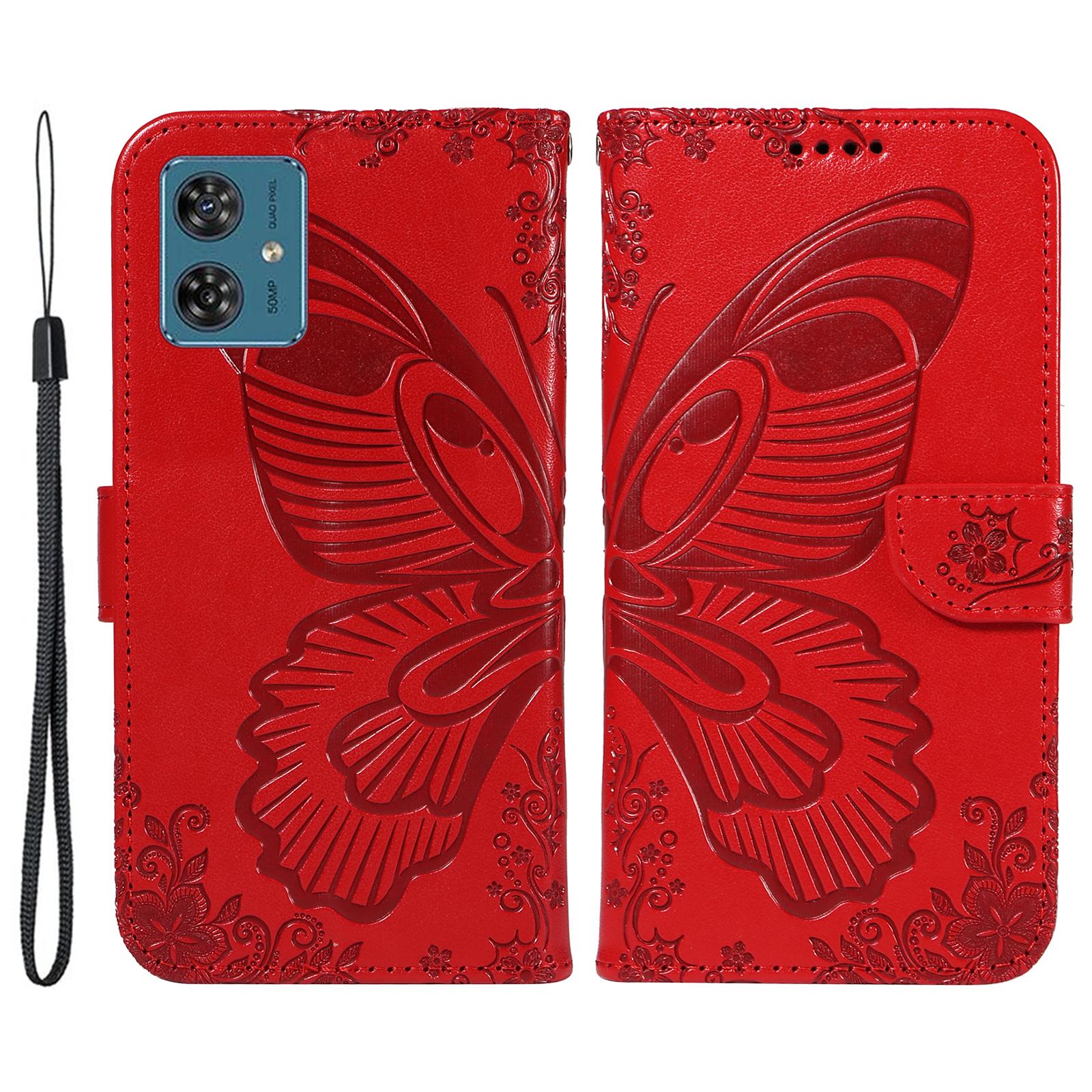 

For Motorola Moto G54 5G Leather Phone Case with Magnetic Clasp Butterfly Imprinted Red