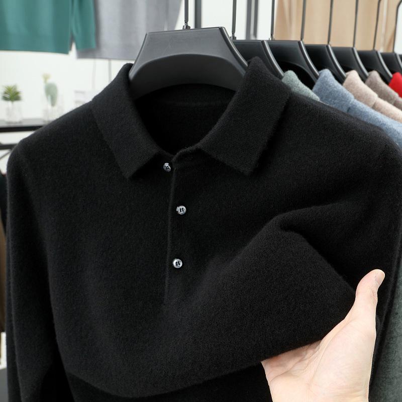 Men's 100% Pure Wool Lapel Sweater - Autumn/Winter Thickened Base Layer with Plus Velvet Warmth