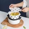 Circular Polka Dot Double Ear Ceramic Bowl, Tableware, Creative and Cute Dessert Bowl, Household Fruit Salad Bowl, Oven with Lid