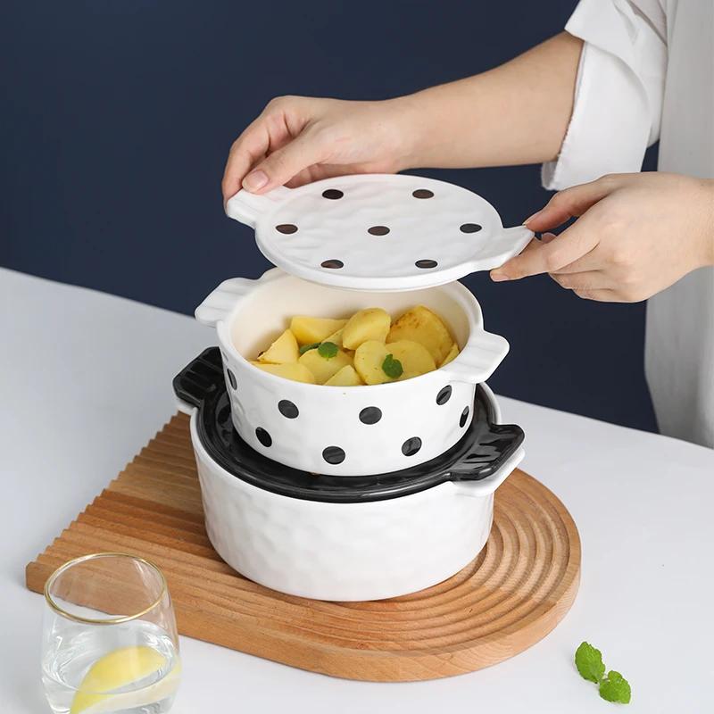 Circular Polka Dot Double Ear Ceramic Bowl, Tableware, Creative and Cute Dessert Bowl, Household Fruit Salad Bowl, Oven with Lid