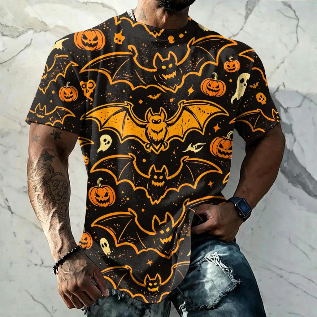 Men's Short Sleeve T-Shirt with Halloween Print Retro Texture Loose Fit Summer Streetwear Casual Top